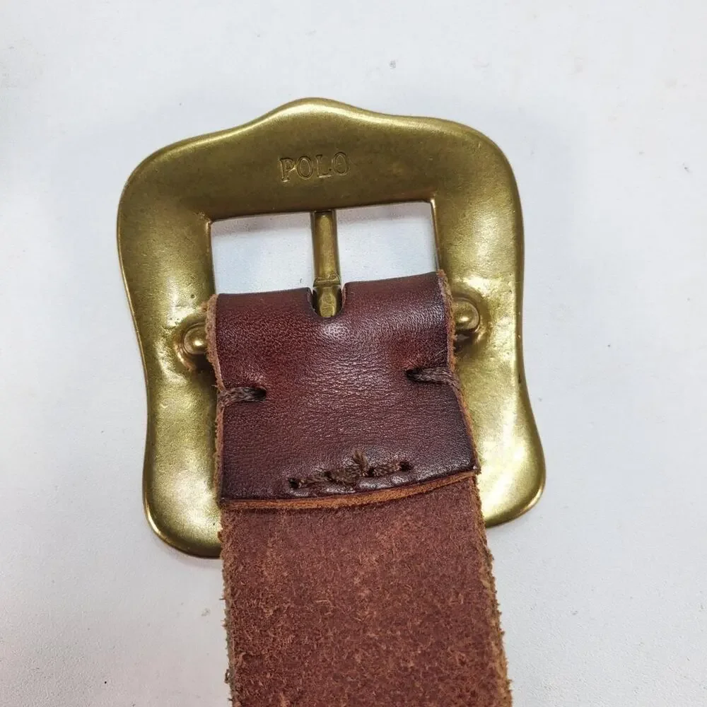 Polo Ralph Lauren Leather Belt western 28 Brown Scalloped Brass Buckle RL Logo
